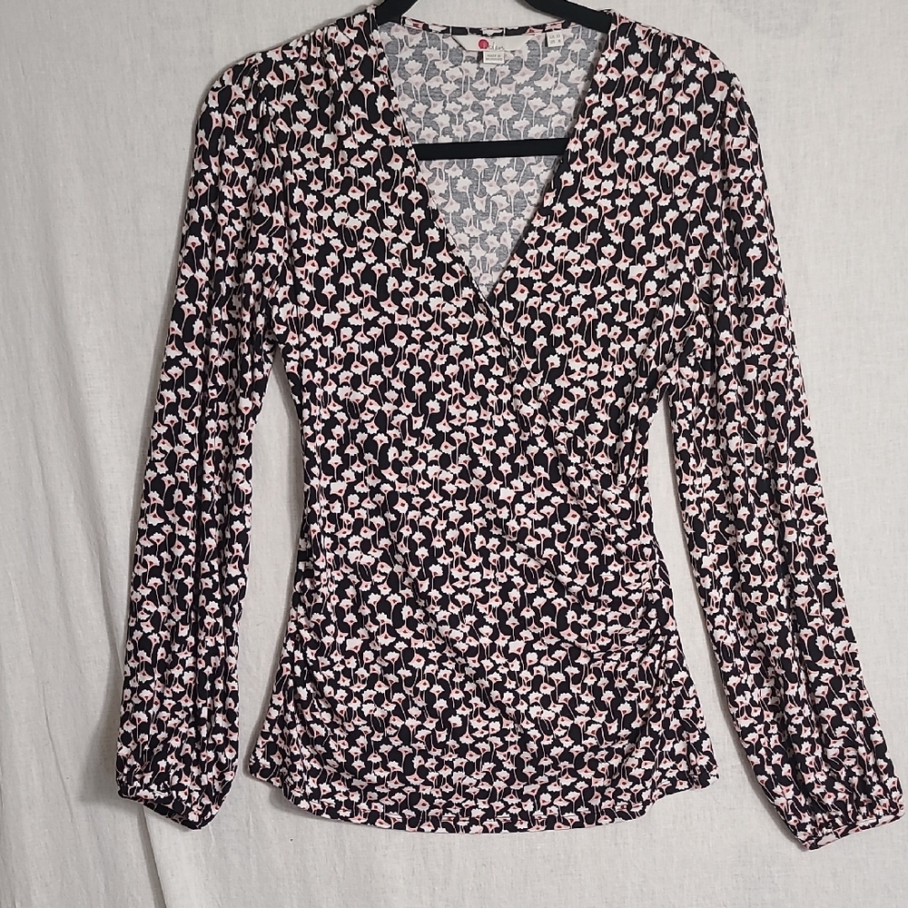 Boden Elosie Black Wrap Top with Pink Floral Print Size 6